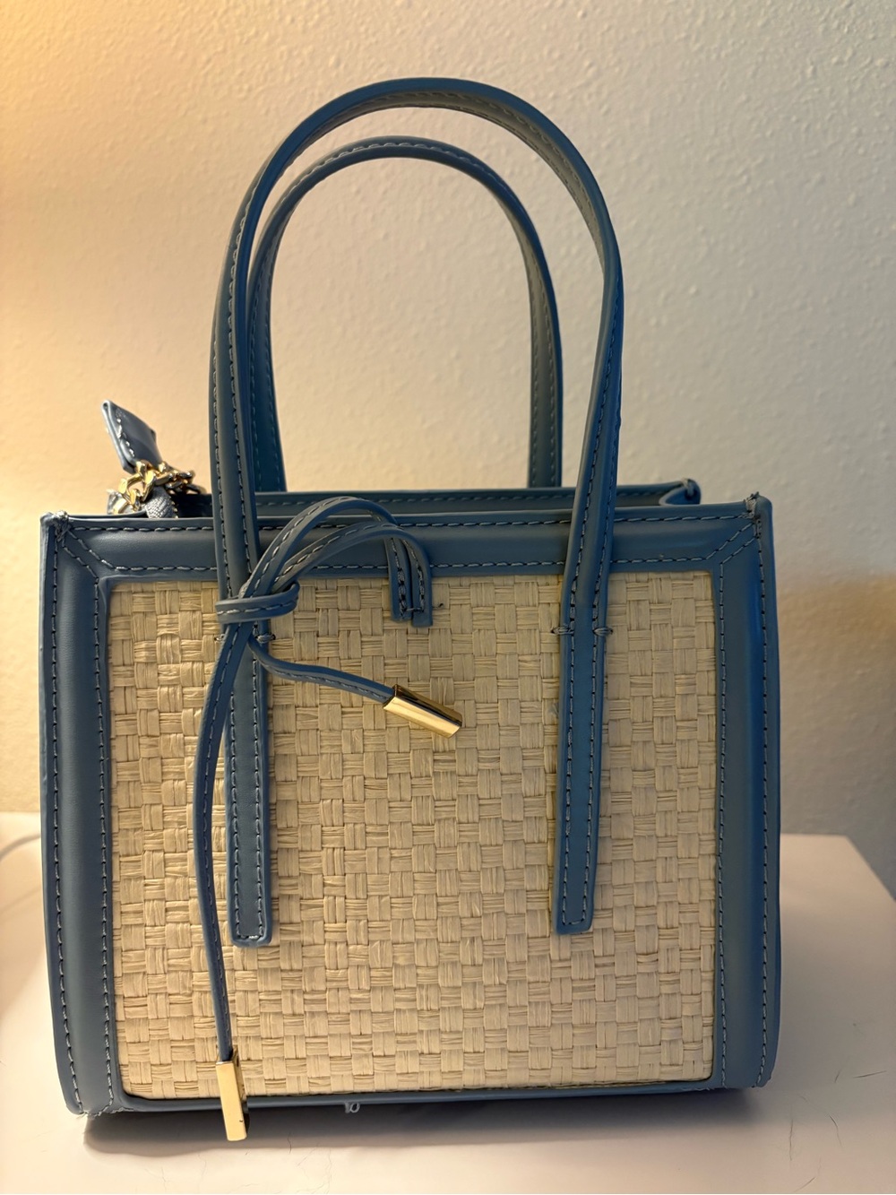 Zara Blue and Cream Woven Mini Satchel